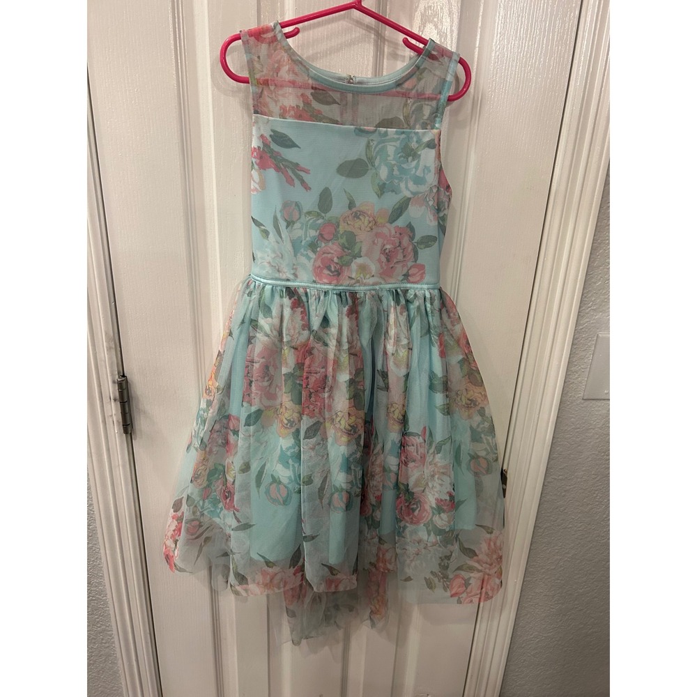 Zunie Girl Dress Blue Pink Floral Tulle High Low Party Special Occasion Size 7/8